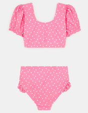 Girls Puff Sleeve Polka Dot Swim Set, Pink (PINK), large