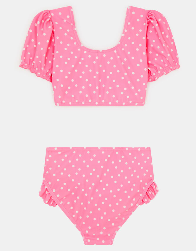Girls Puff Sleeve Polka Dot Swim Set, Pink (PINK), large