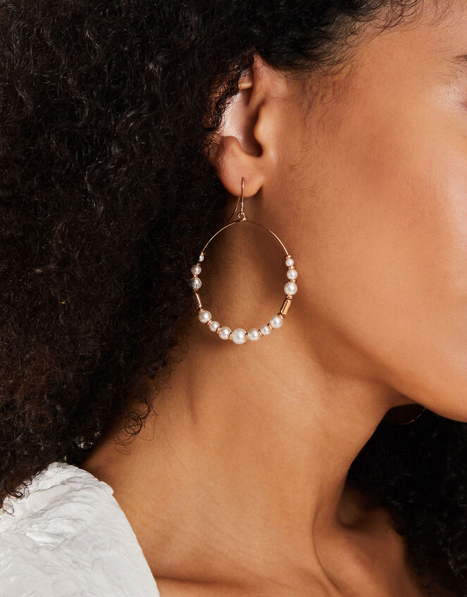 Large Pearl Beaded Hoop Earrings, , large