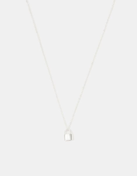 Sterling Silver Lock Pendant Necklace, , large