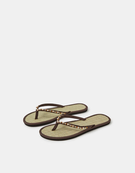 Bead Embellished Seagrass Flip Flops, Brown (CHOCOLATE), large