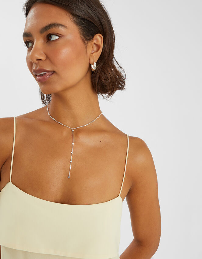 Sterling Silver-Plated Diamanté Lariat Necklace, , large