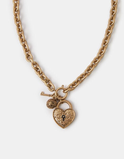 Chunky Heart Padlock Charm Necklace, , large