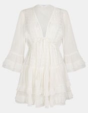 Broderie Ruffle Mini Kaftan Dress, White (WHITE), large