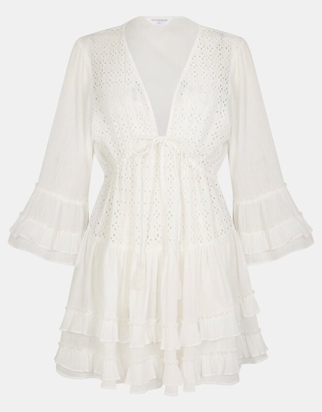 Broderie Ruffle Mini Kaftan Dress, White (WHITE), large