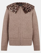 Faux Fur Leopard Print Collar Cardigan, Natural (NATURAL), large
