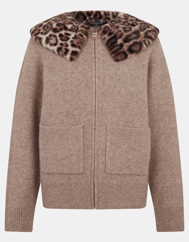 Faux Fur Leopard Print Collar Cardigan, Natural (NATURAL), large