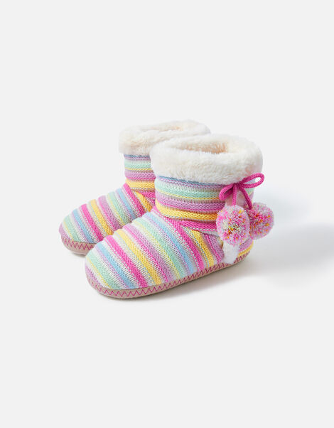 Girls Knitted Stripe Boot Slippers Multi, Multi (BRIGHTS-MULTI), large