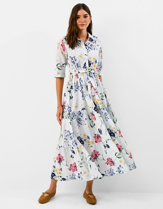 Floral Print Belted Maxi Dress, Ivory (IVORY), large