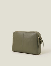 Double Zip Leather Cross-Body Bag, Green (KHAKI), large