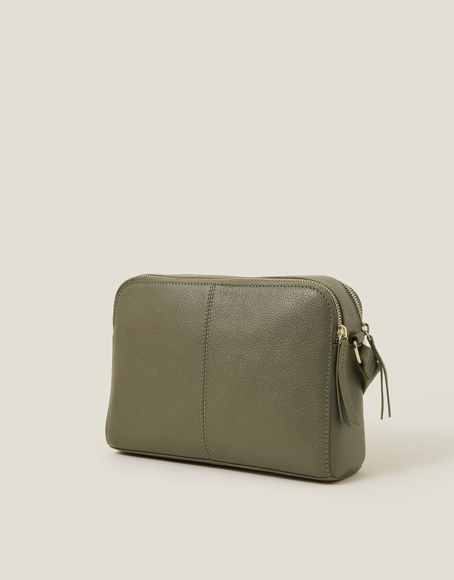 Double Zip Leather Cross-Body Bag, Green (KHAKI), large