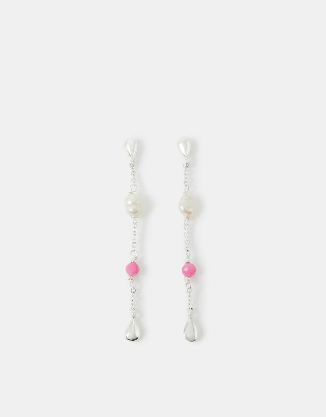 Sterling Silver-Plated Pearl & Tourmaline Drop Earrings, , large