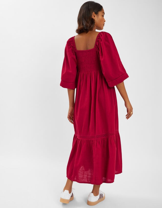 Twist Puff-Sleeve Midi Dress, Red (RED), large