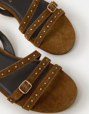 Stud Suede Strappy Sandals, Green (KHAKI), large