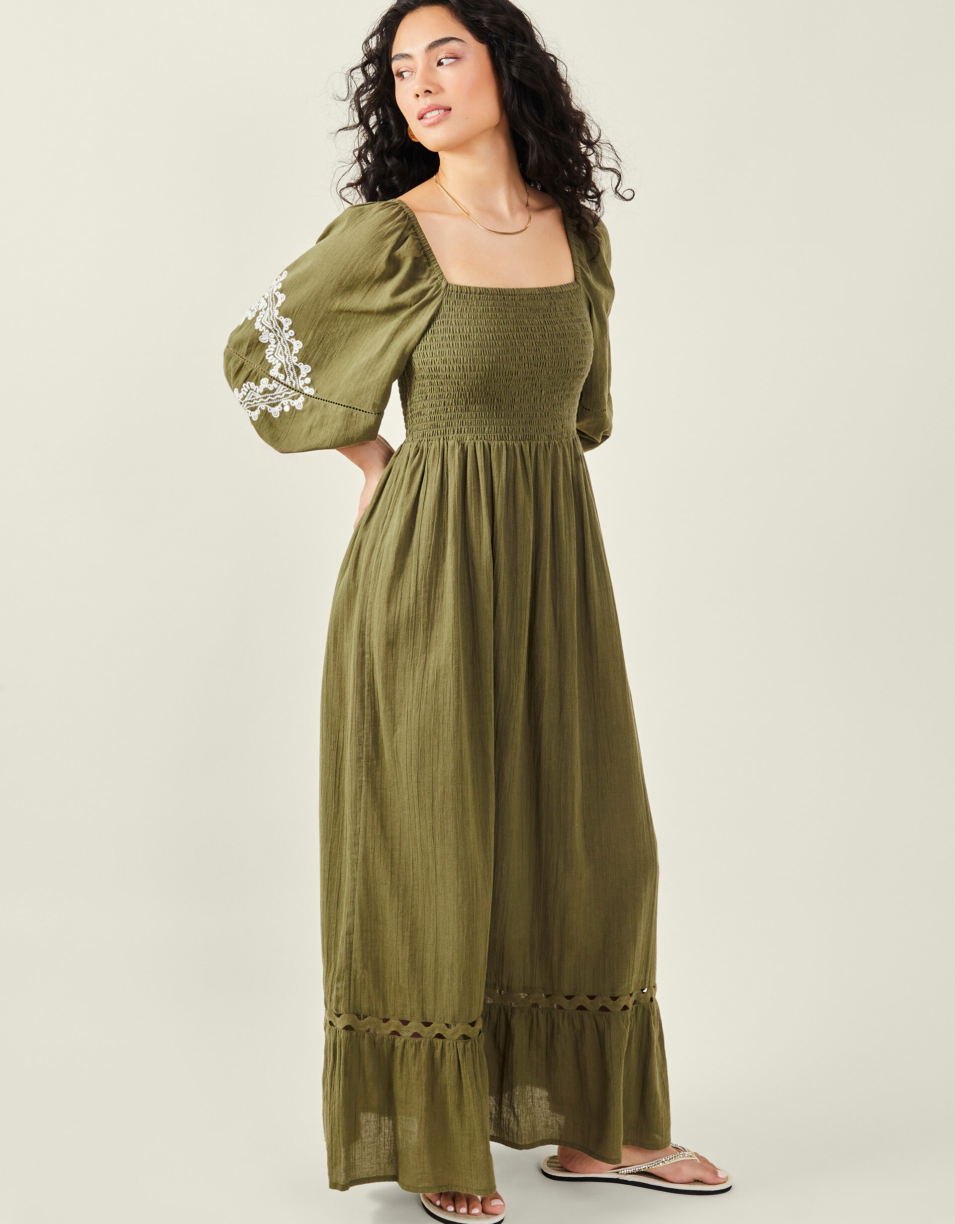 Viscose Short Puffy Sleeve Dress - Green