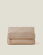 Leather Woven Clutch Bag, Nude (NUDE), large