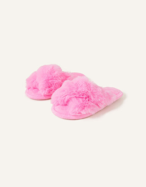 Girls Faux Fur Sliders, Pink (PINK), large