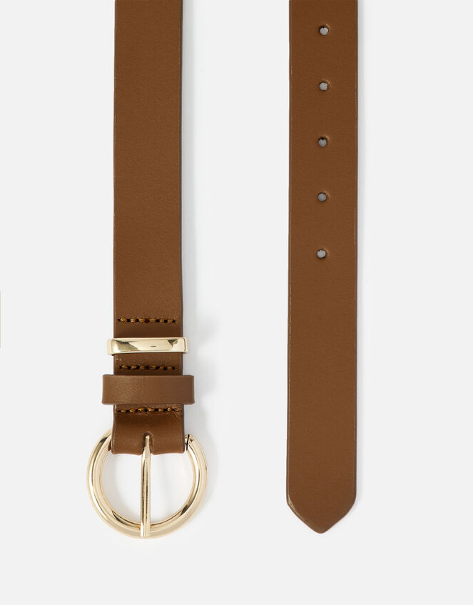 Round Buckle Leather Belt, Tan (TAN), large