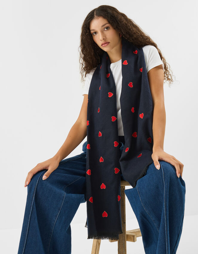 Heart Embroidered Blanket Scarf, Blue (NAVY), large