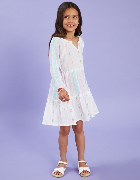 Girls Mini Me Jacquard Dress, White (WHITE), large