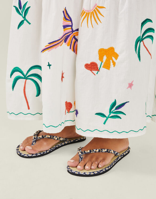 Daisy Print Seagrass Footbed Sandals, Blue (NAVY), large