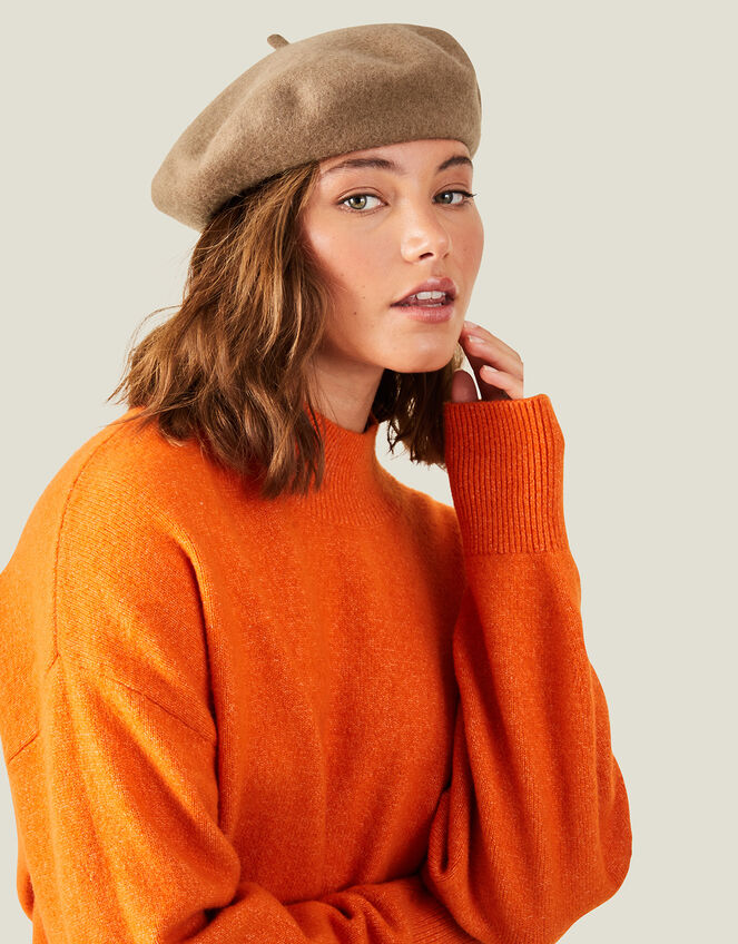 Beret Hat in Pure Wool, Camel (CAMEL), large