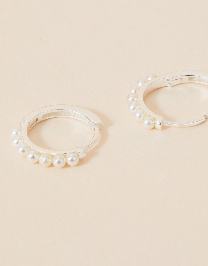 Sterling Silver-Plated Pearl Pave Huggie Hoops, , large