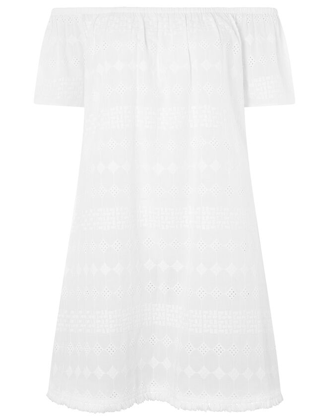 Schiffli Bardot Dress in Pure Cotton, White (WHITE), large