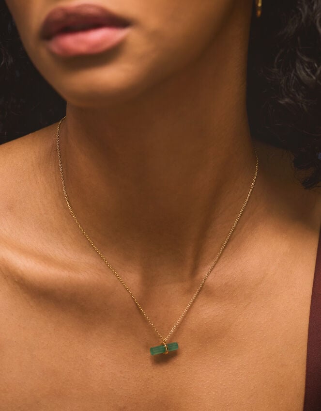 14ct Gold-Plated Healing Stone T-Bar Necklace, Green (GREEN), large