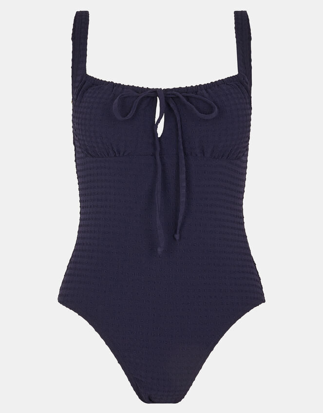 Seersucker Tie Front Swimsuit, Blue (NAVY), large