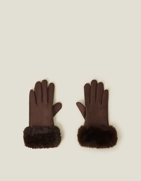 Suedette Faux Fur Cuff Gloves, Brown (BROWN), large