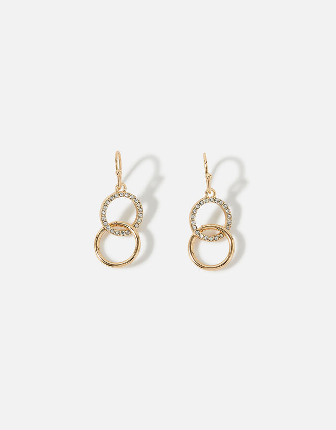 Pave Linked Circle Short Drop Earrings, Gold (GOLD), large