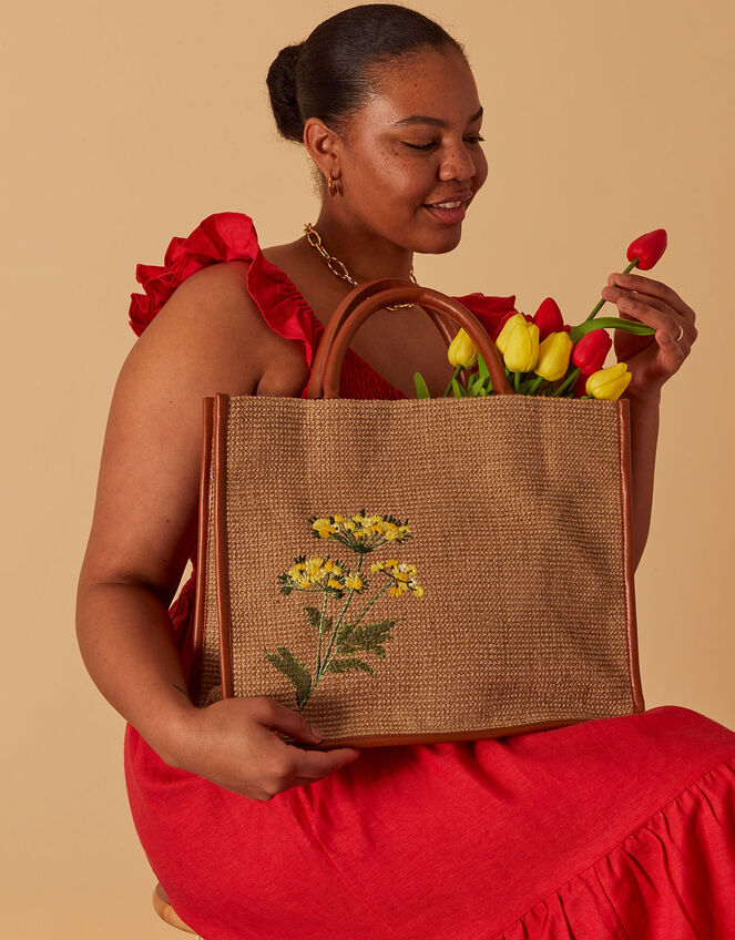 Large Embroidered Jute Handheld Bag, , large
