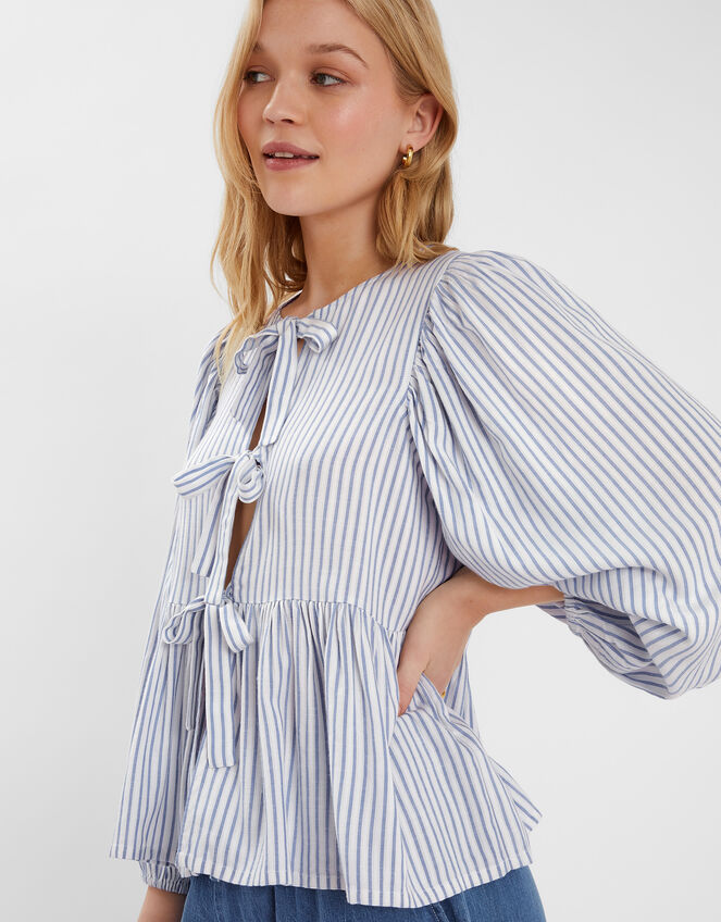 Stripe Tie-Front Blouse, Blue (BLUE), large