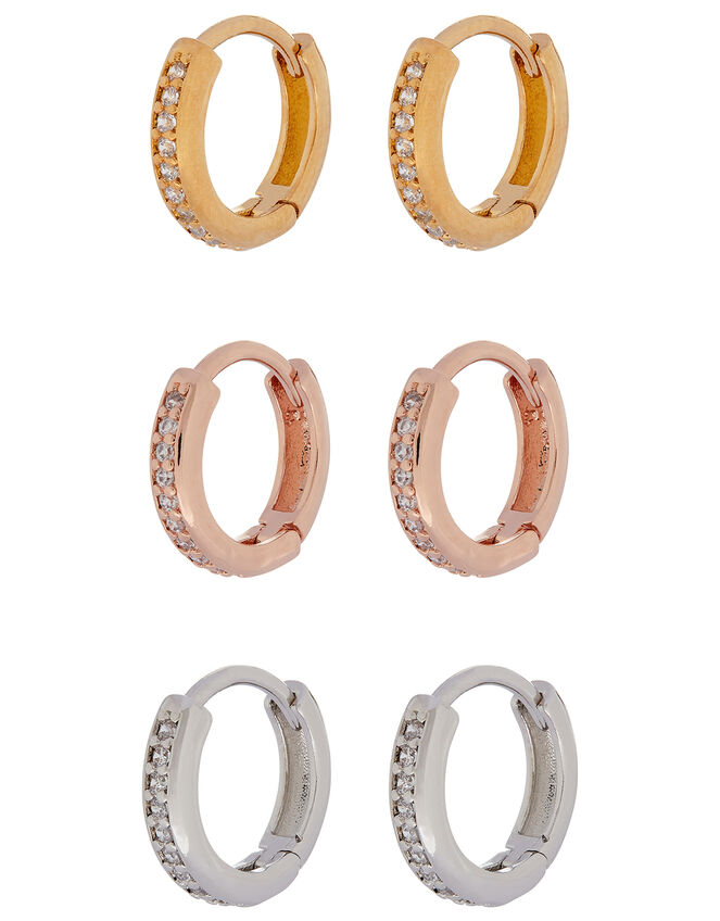 Mixed Plating Sparkle Huggie Hoop Set, , large