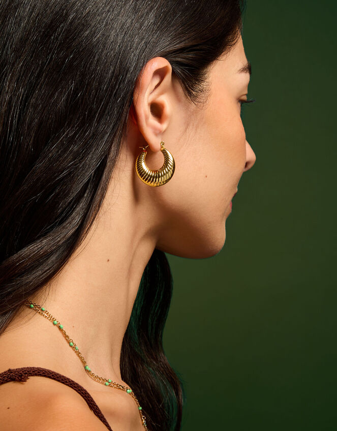 Stainless Steel Chunky Ridge Hoop Earrings, , large