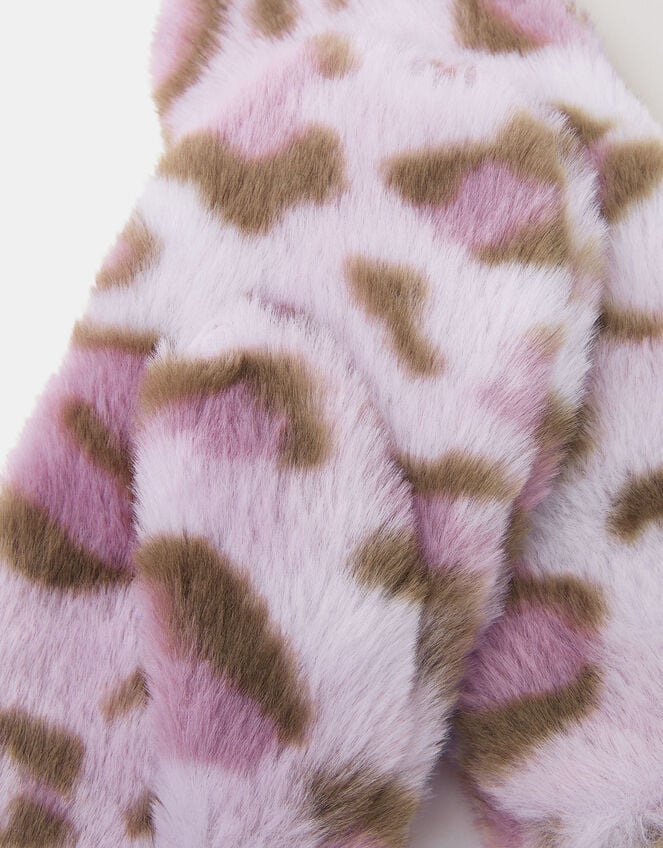 Girls Fluffy Leopard Print Mittens, Leopard (LEOPARD), large