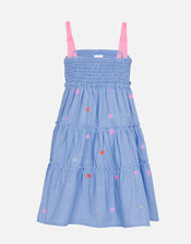 Kids Floral Embroidered Chambray Dress, Blue (BLUE), large