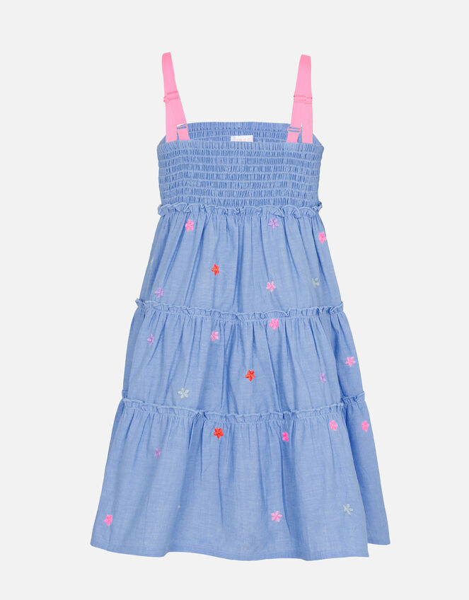 Kids Floral Embroidered Chambray Dress, Blue (BLUE), large