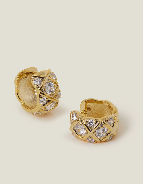 14ct Gold-Plated Diamanté Check Hoop Earrings, , large
