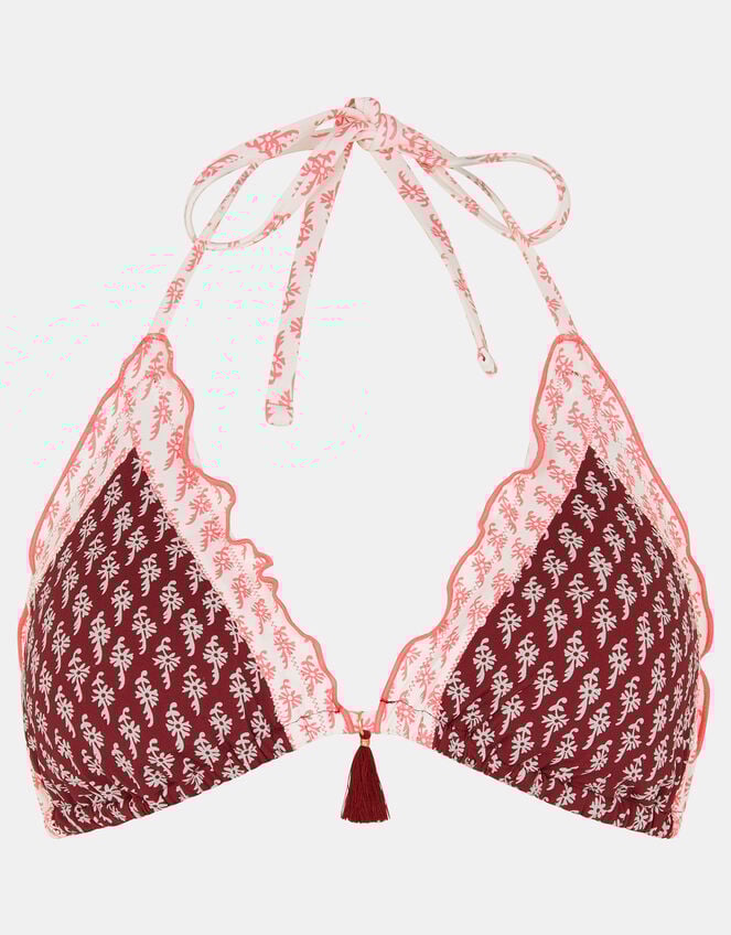 Frill Floral Triangle Bikini Top, Red (BURGUNDY), large