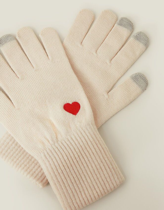 Touchscreen Heart Embroidered Knit Gloves, Natural (NATURAL), large