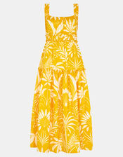 Palm Print Sleeveless Midi Dress, Yellow (YELLOW), large