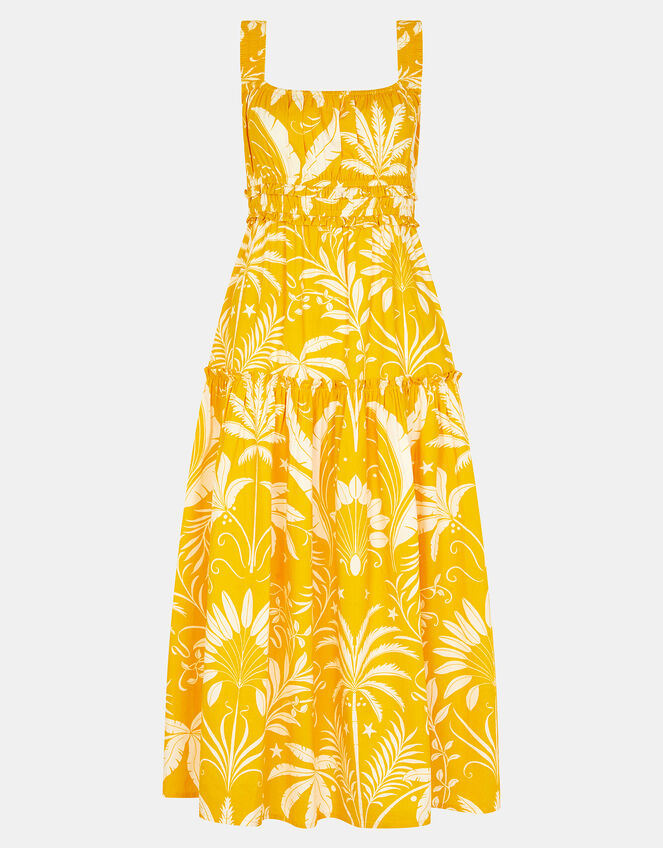 Palm Print Sleeveless Midi Dress, Yellow (YELLOW), large