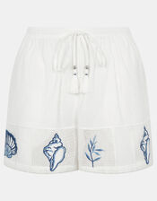 Shell Embroidered Patchwork Shorts, Ivory (IVORY), large