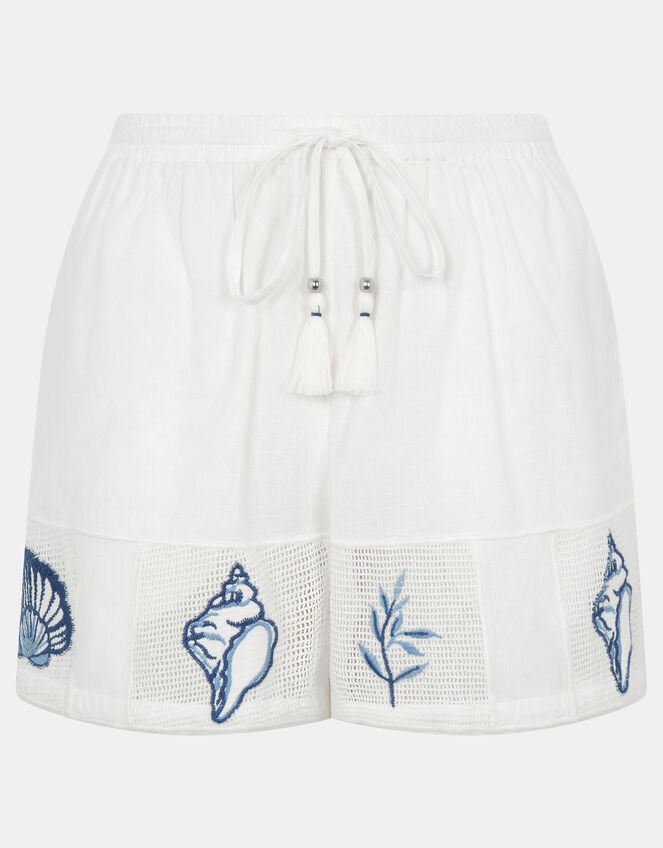 Shell Embroidered Patchwork Shorts, Ivory (IVORY), large