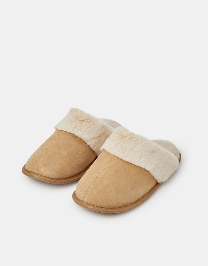 Suede Faux Fur Slippers, Tan (TAN), large