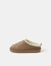 Heart Embroidered Mule Slippers, Brown (BROWN), large