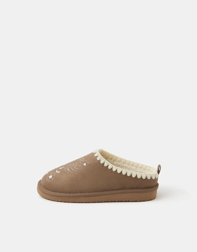 Heart Embroidered Mule Slippers, Brown (BROWN), large