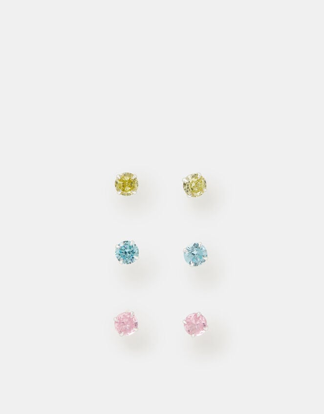 3-Pack Sterling Silver Diamanté Stud Earrings, , large